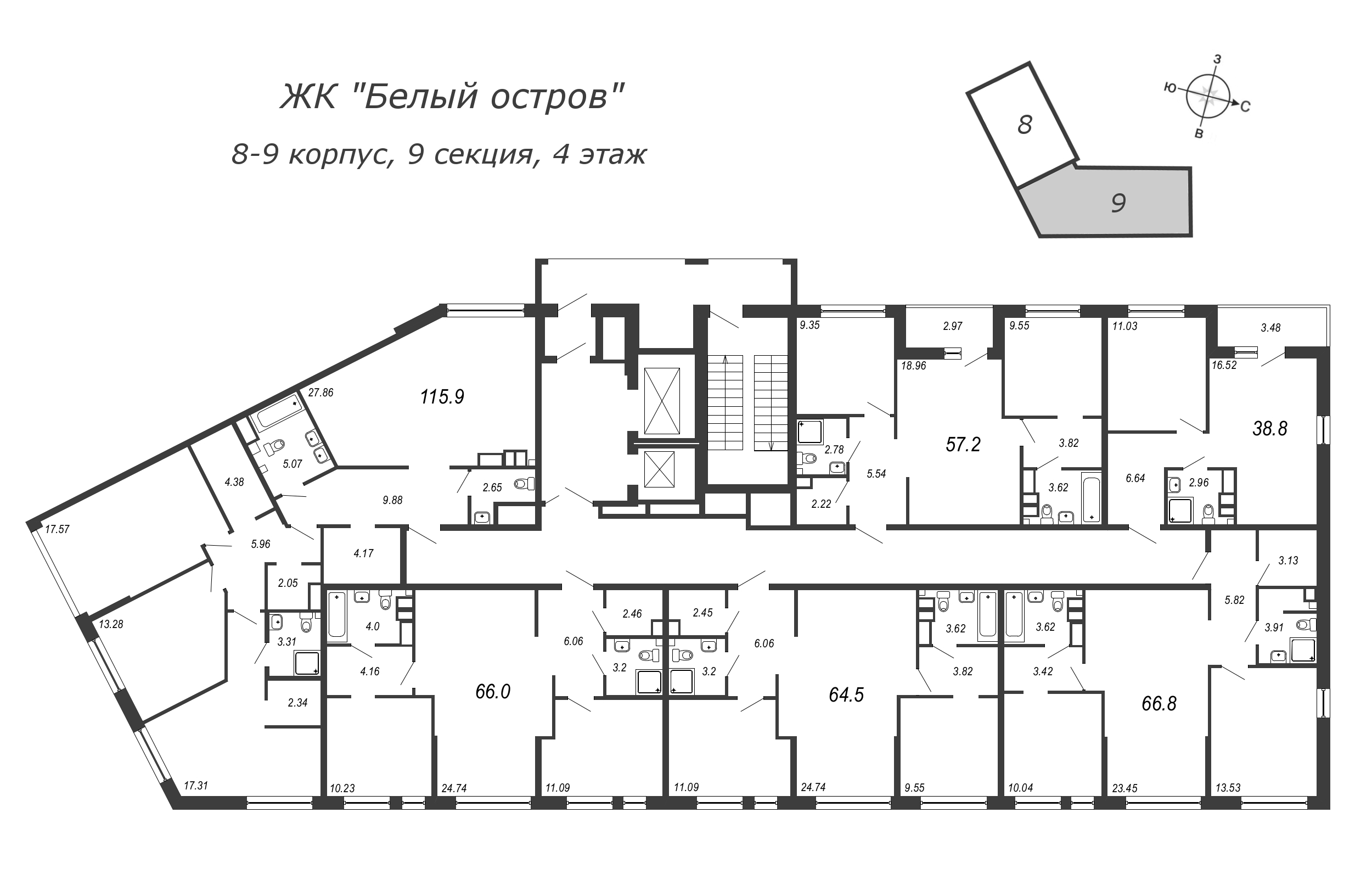 4-комнатная (Евро) квартира, 117.5 м² в ЖК "Белый остров" - планировка этажа