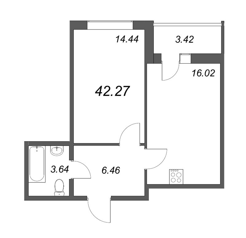 2-комнатная (Евро) квартира, 41.4 м² в ЖК "Аквилон Zalive" - планировка, фото №1
