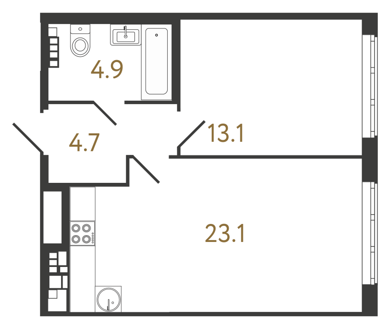 2-комнатная (Евро) квартира, 45.8 м² в ЖК "МИРЪ" - планировка, фото №1