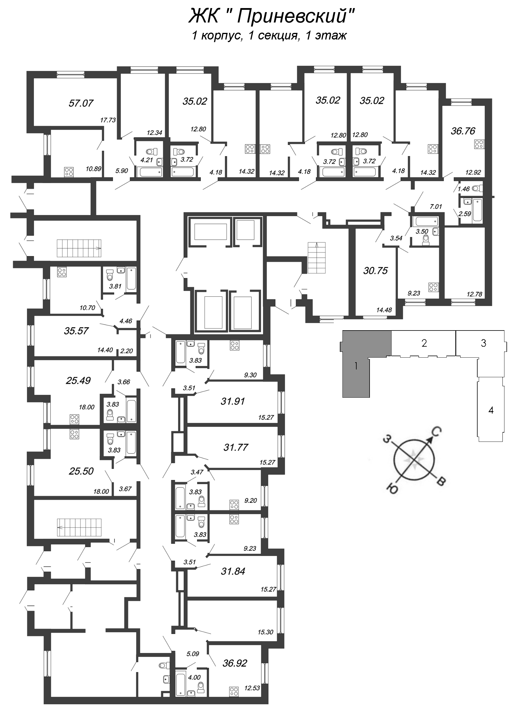 1-комнатная квартира, 35.57 м² в ЖК "Приневский" - планировка этажа