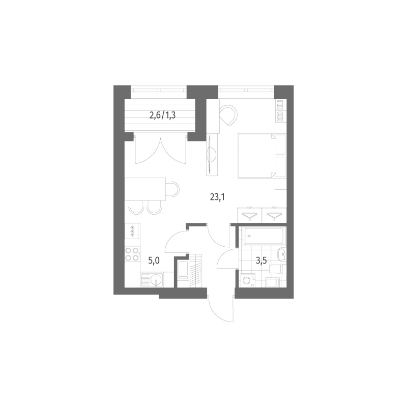1-комнатная квартира, 36.87 м² в ЖК "Наука" - планировка, фото №1