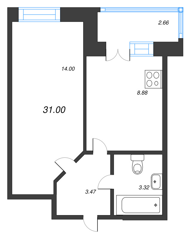 1-комнатная квартира, 31 м² - планировка, фото №1