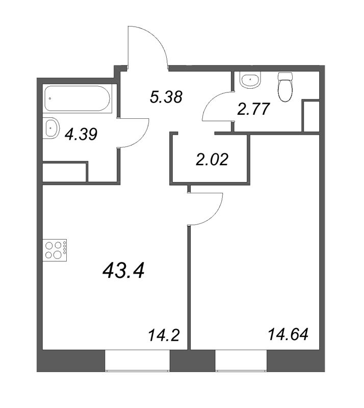 1-комнатная квартира, 43.4 м² - планировка, фото №1