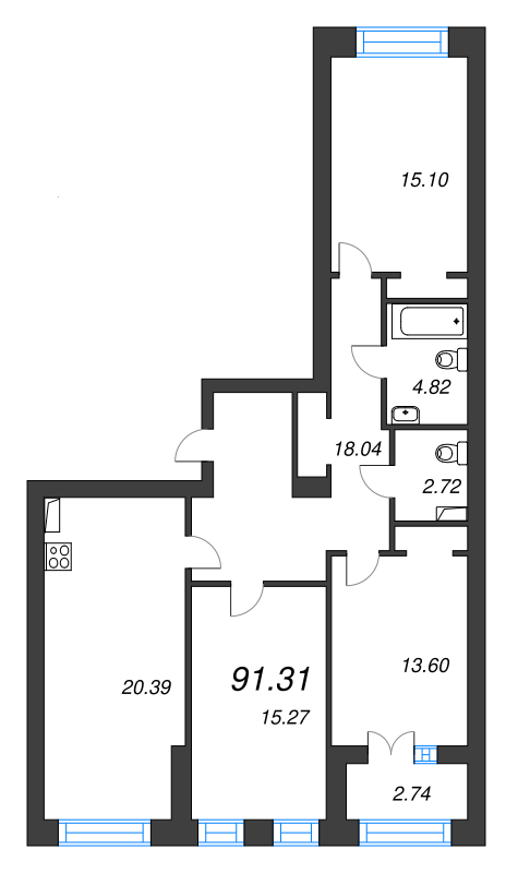 3-комнатная квартира, 91.31 м² в ЖК "Наука" - планировка, фото №1