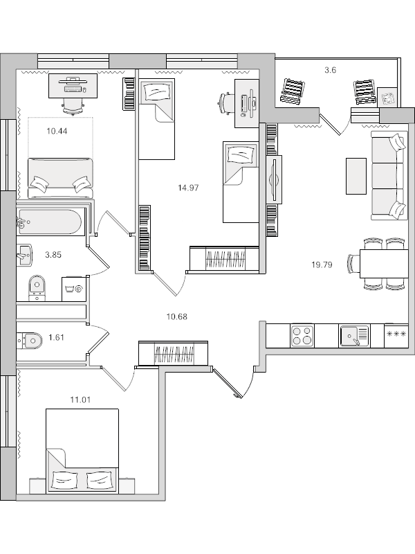 4-комнатная (Евро) квартира, 72.35 м² в ЖК "Parkolovo" - планировка, фото №1