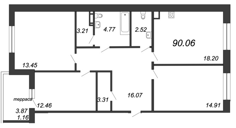 3-комнатная квартира, 90.06 м² - планировка, фото №1