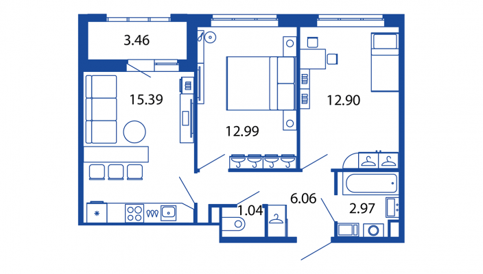 3-комнатная (Евро) квартира, 51.35 м² в ЖК "Полис Приморский 2" - планировка, фото №1
