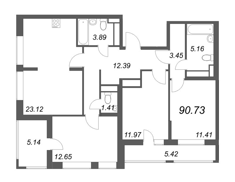 4-комнатная (Евро) квартира, 90.73 м² в ЖК "Cube" - планировка, фото №1