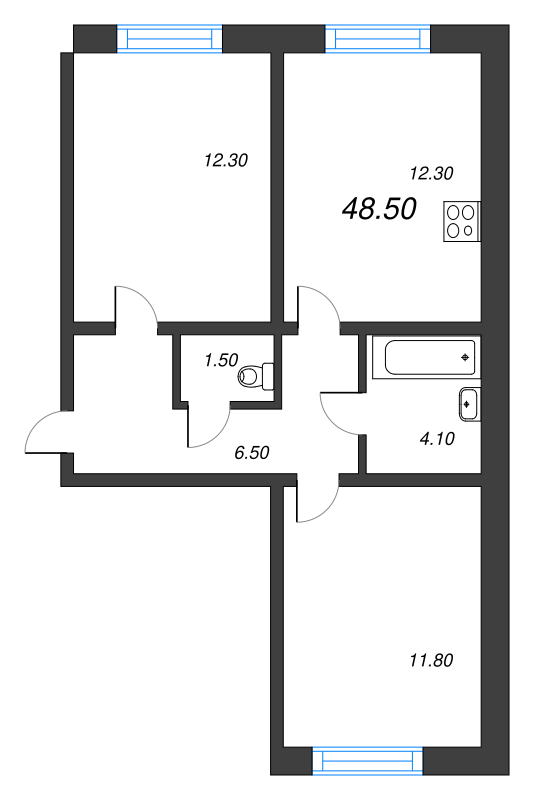 2-комнатная квартира, 48.5 м² - планировка, фото №1