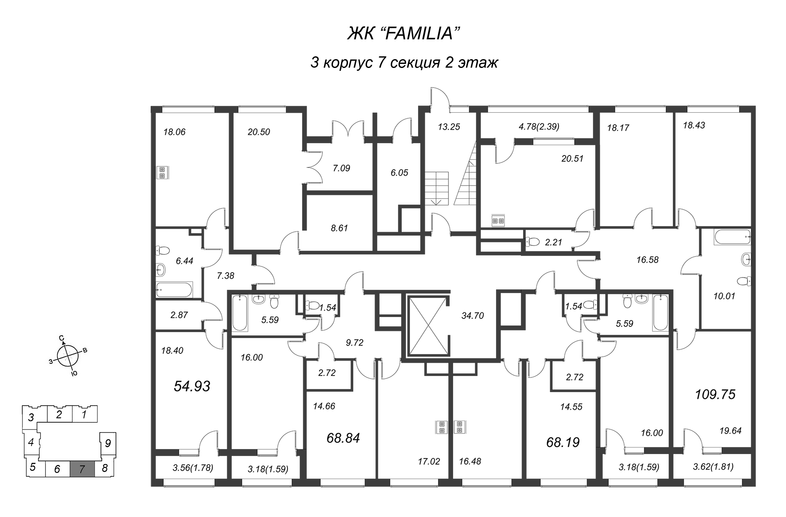 2-комнатная (Евро) квартира, 55.2 м² в ЖК "FAMILIA" - планировка этажа
