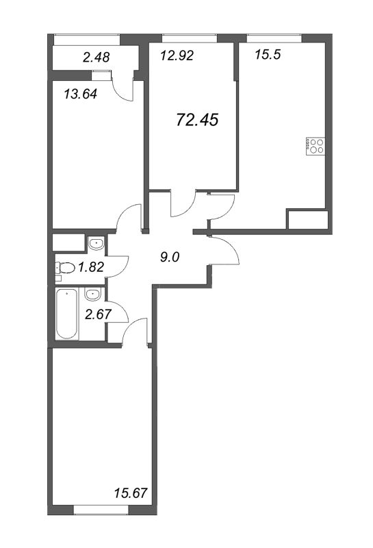 4-комнатная (Евро) квартира, 72.45 м² в ЖК "Морская набережная" - планировка, фото №1