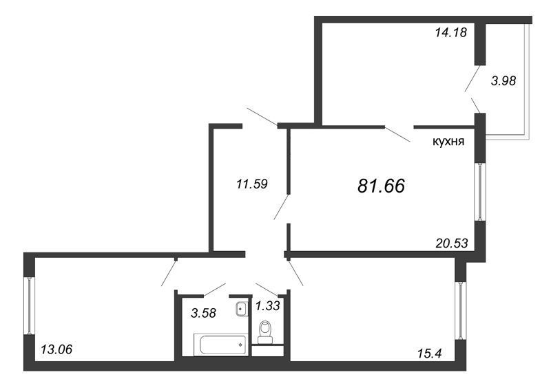4-комнатная (Евро) квартира, 81.1 м² в ЖК "AEROCITY" - планировка, фото №1