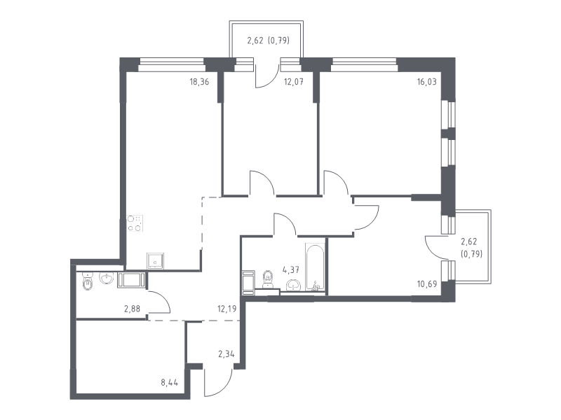 4-комнатная (Евро) квартира, 88.95 м² в ЖК "Новое Колпино" - планировка, фото №1