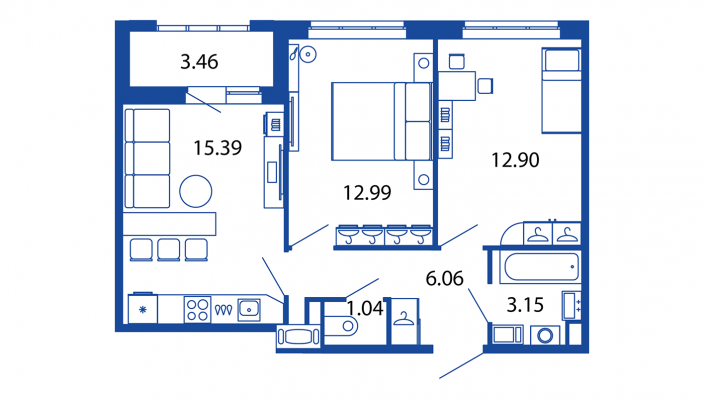 3-комнатная (Евро) квартира, 51.53 м² в ЖК "Полис Приморский 2" - планировка, фото №1