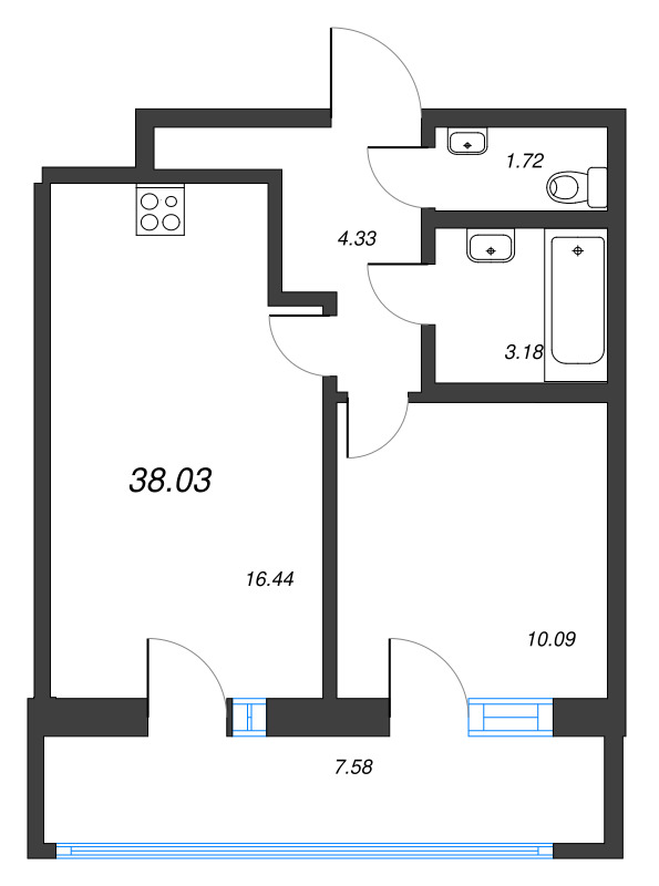 2-комнатная (Евро) квартира, 38.03 м² в ЖК "Искра-Сити" - планировка, фото №1