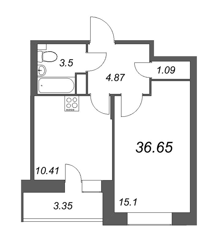 1-комнатная квартира, 36.65 м² в ЖК "СМАРТ" - планировка, фото №1