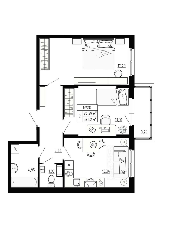 2-комнатная квартира, 59.02 м² в ЖК "Аннино Сити" - планировка, фото №1