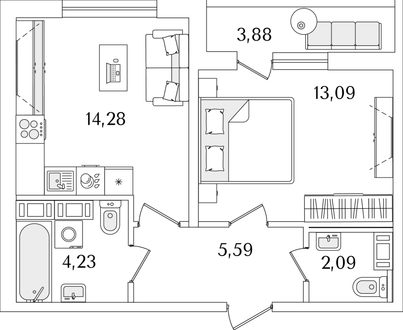 2-комнатная (Евро) квартира, 41.22 м² в ЖК "Лайнеръ" - планировка, фото №1