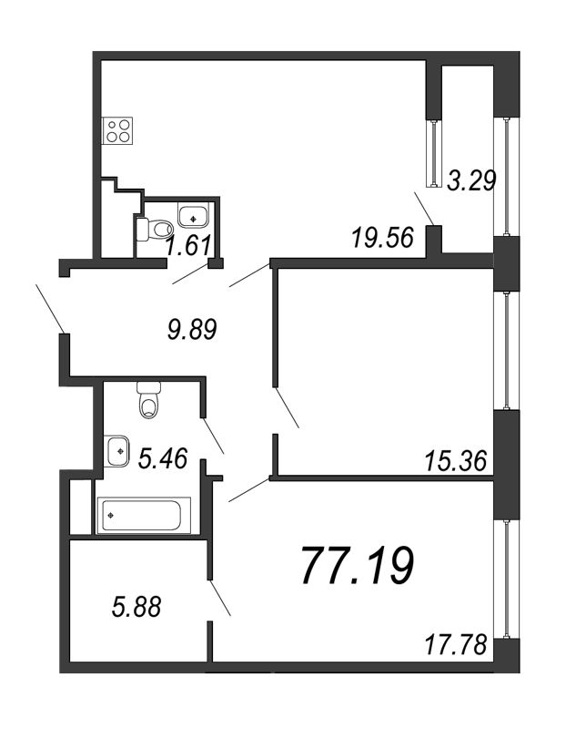 3-комнатная (Евро) квартира, 77.19 м² в ЖК "Дефанс Премиум" - планировка, фото №1
