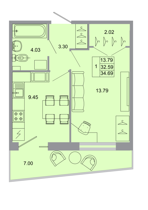 1-комнатная квартира, 34.3 м² в ЖК "Стороны света" - планировка, фото №1
