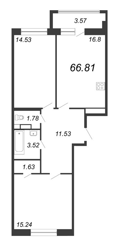3-комнатная (Евро) квартира, 66.81 м² в ЖК "Modum" - планировка, фото №1