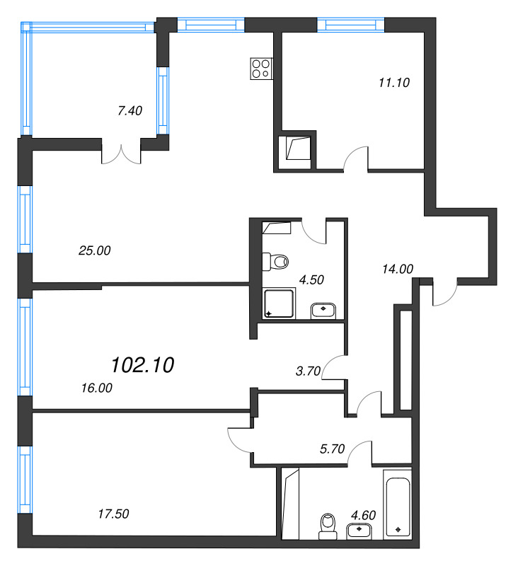 4-комнатная (Евро) квартира, 102.1 м² в ЖК "Струны" - планировка, фото №1