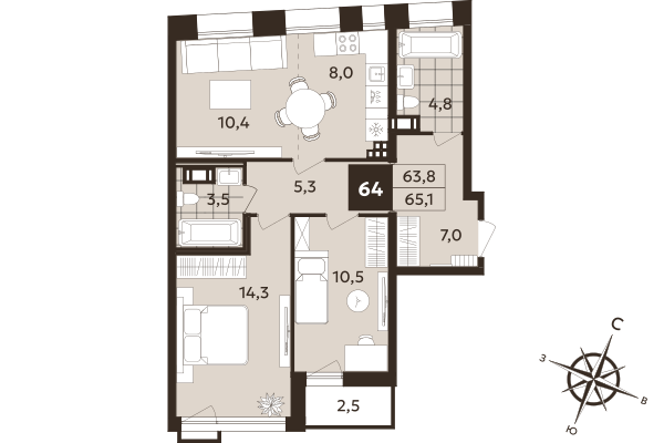 3-комнатная (Евро) квартира, 63.8 м² в ЖК "Дом на Бронницкой" - планировка, фото №1
