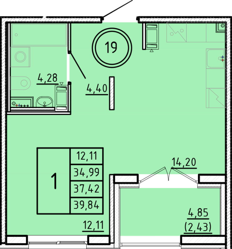 1-комнатная квартира, 34.99 м² в ЖК "Образцовый квартал 16" - планировка, фото №1