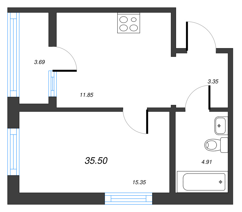 1-комнатная квартира, 35.5 м² - планировка, фото №1