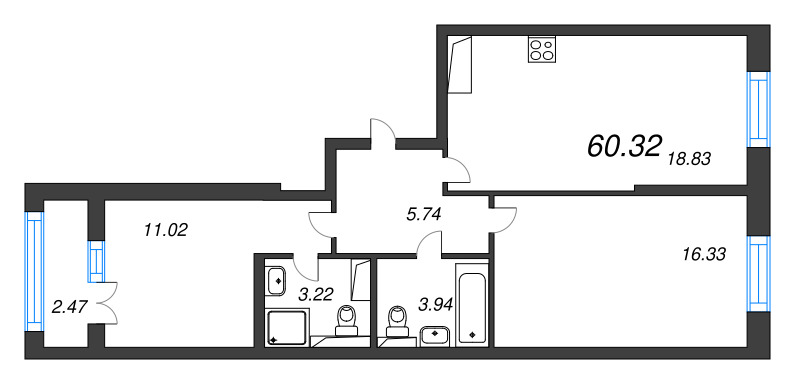 3-комнатная (Евро) квартира, 60.32 м² в ЖК "Цивилизация на неве" - планировка, фото №1