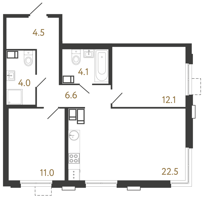 3-комнатная (Евро) квартира, 64.8 м² в ЖК "Струны" - планировка, фото №1