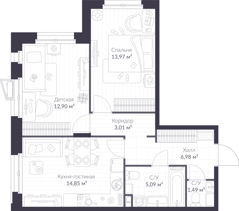 2-комнатная квартира, 58.29 м² в ЖК "VEREN NORT сертолово" - планировка, фото №1