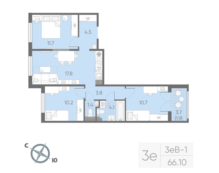 4-комнатная (Евро) квартира, 66.1 м² в ЖК "Пулково Lake" - планировка, фото №1