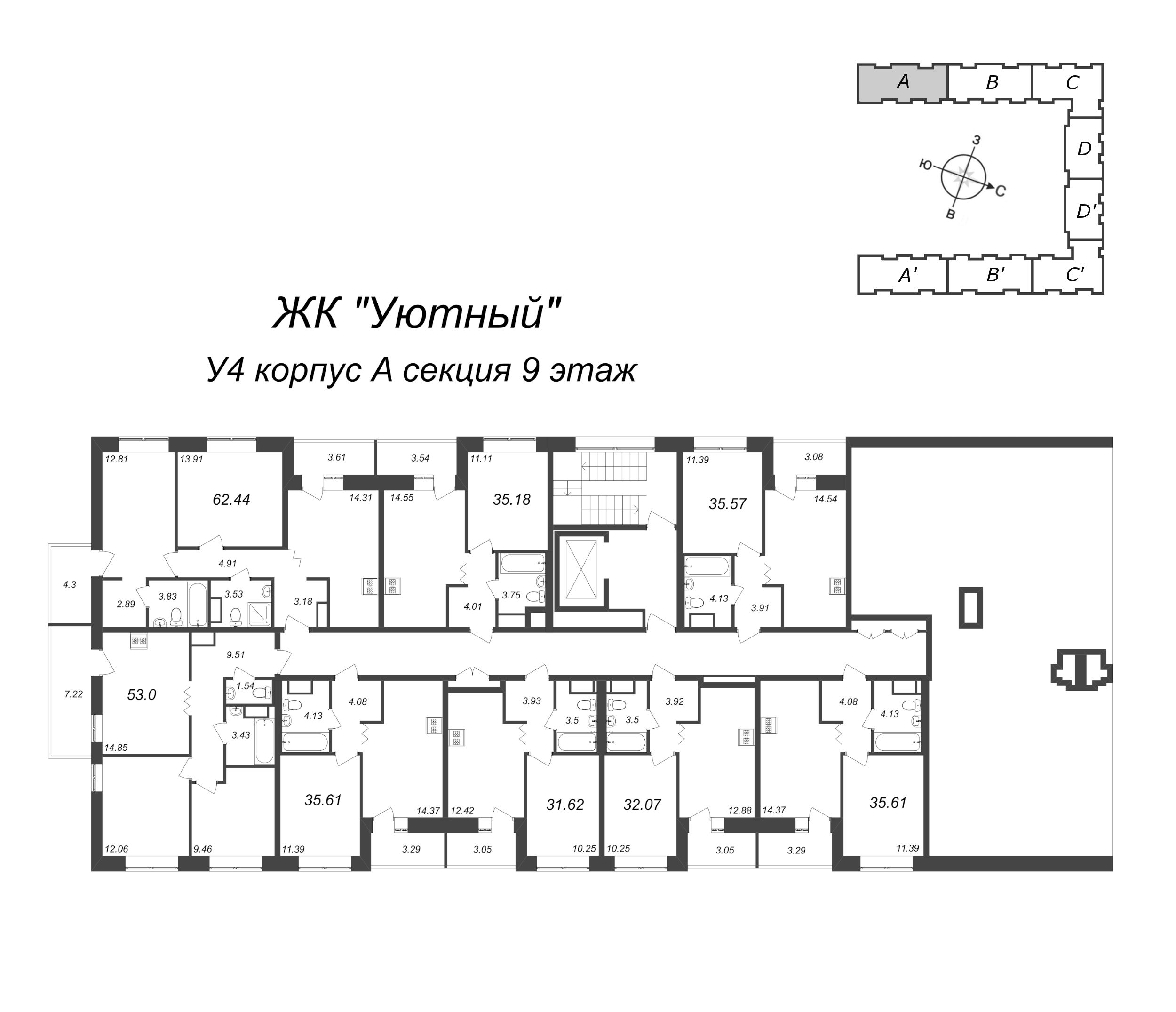 1-комнатная квартира, 32.07 м² - планировка этажа