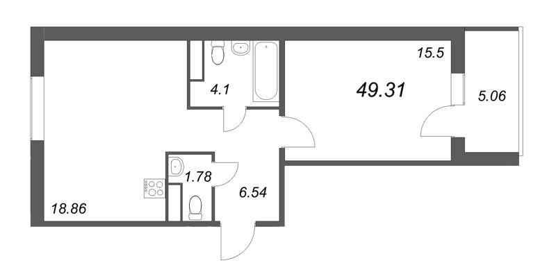 2-комнатная (Евро) квартира, 48.9 м² - планировка, фото №1