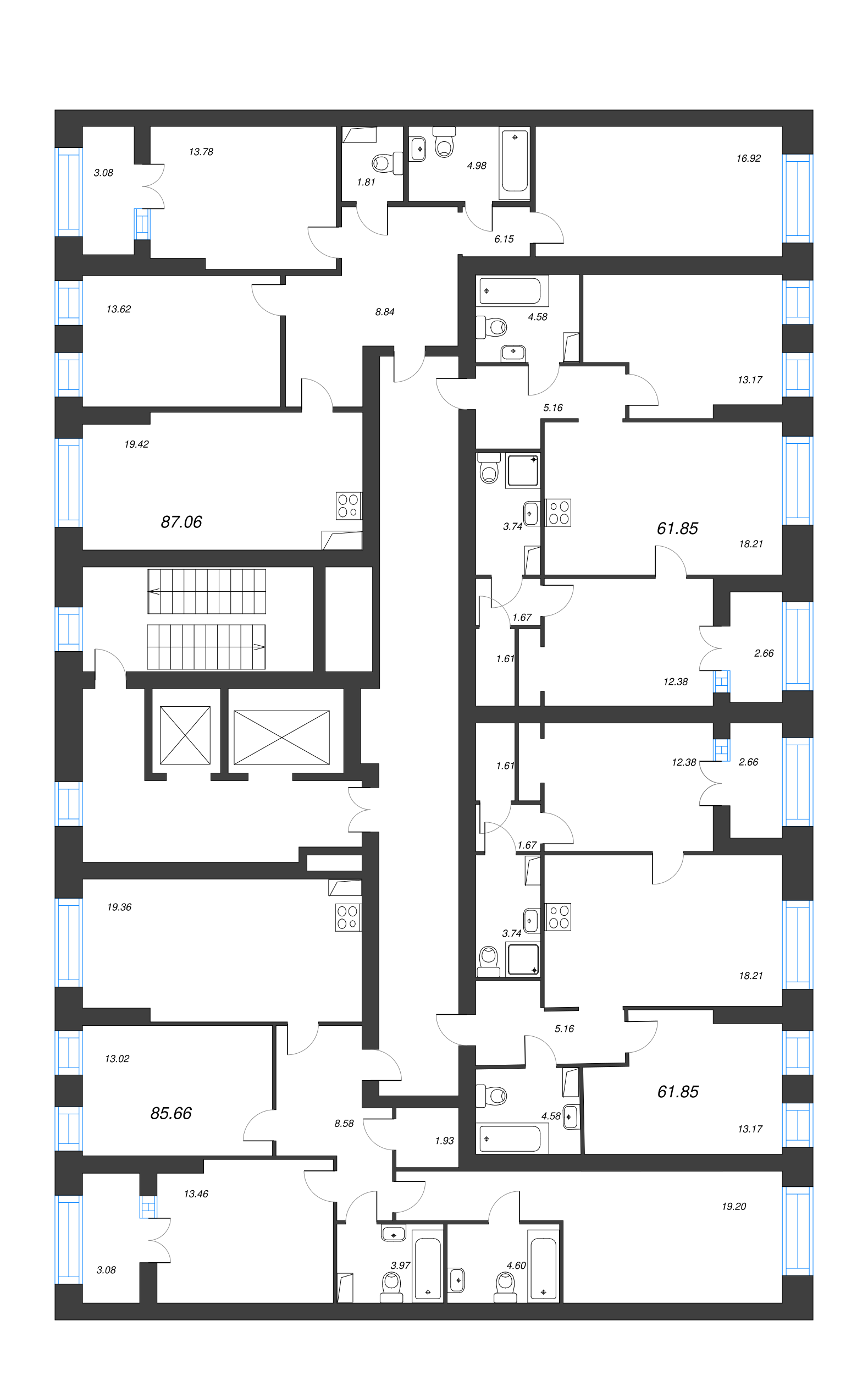 2-комнатная квартира, 61.85 м² - планировка этажа