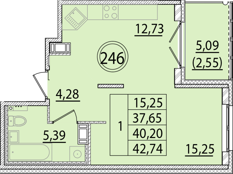 1-комнатная квартира, 37.65 м² в ЖК "Образцовый квартал 15" - планировка, фото №1