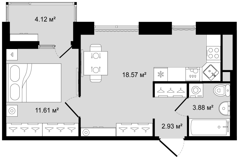 2-комнатная (Евро) квартира, 39.05 м² в ЖК "Новгородская 8" - планировка, фото №1