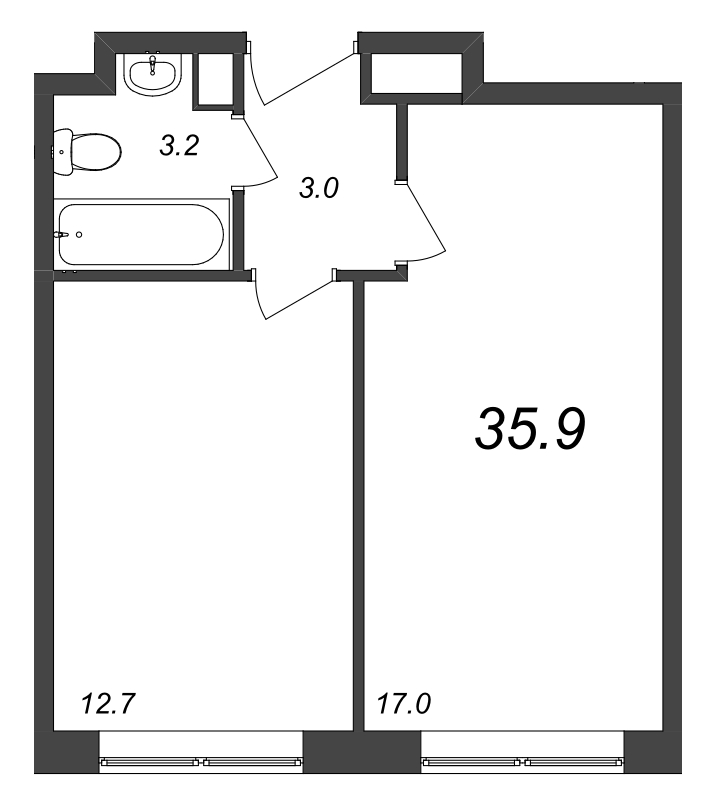 2-комнатная (Евро) квартира, 36.35 м² - планировка, фото №1