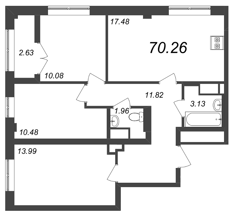 4-комнатная (Евро) квартира, 70.26 м² - планировка, фото №1