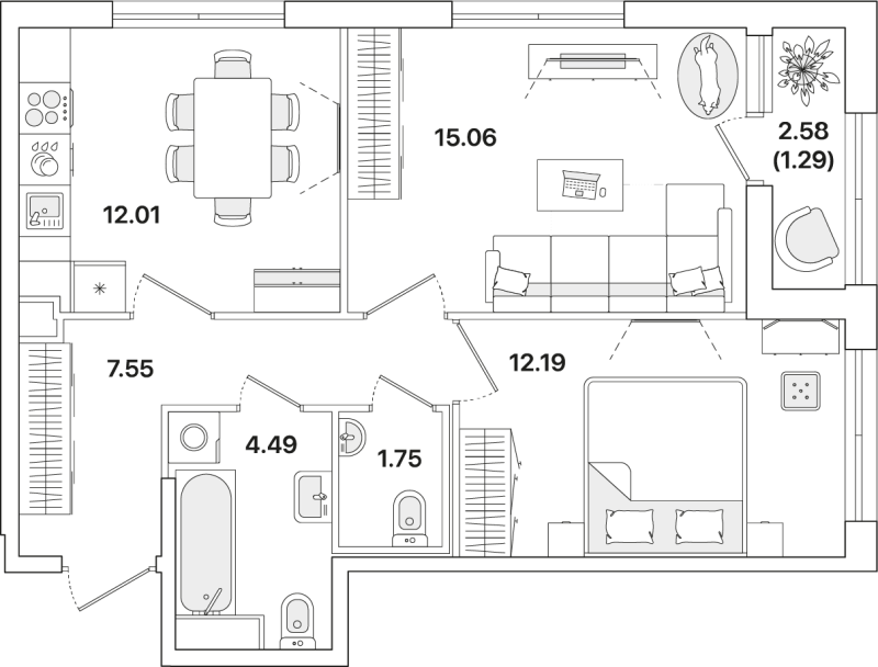 2-комнатная квартира, 54.34 м² - планировка, фото №1