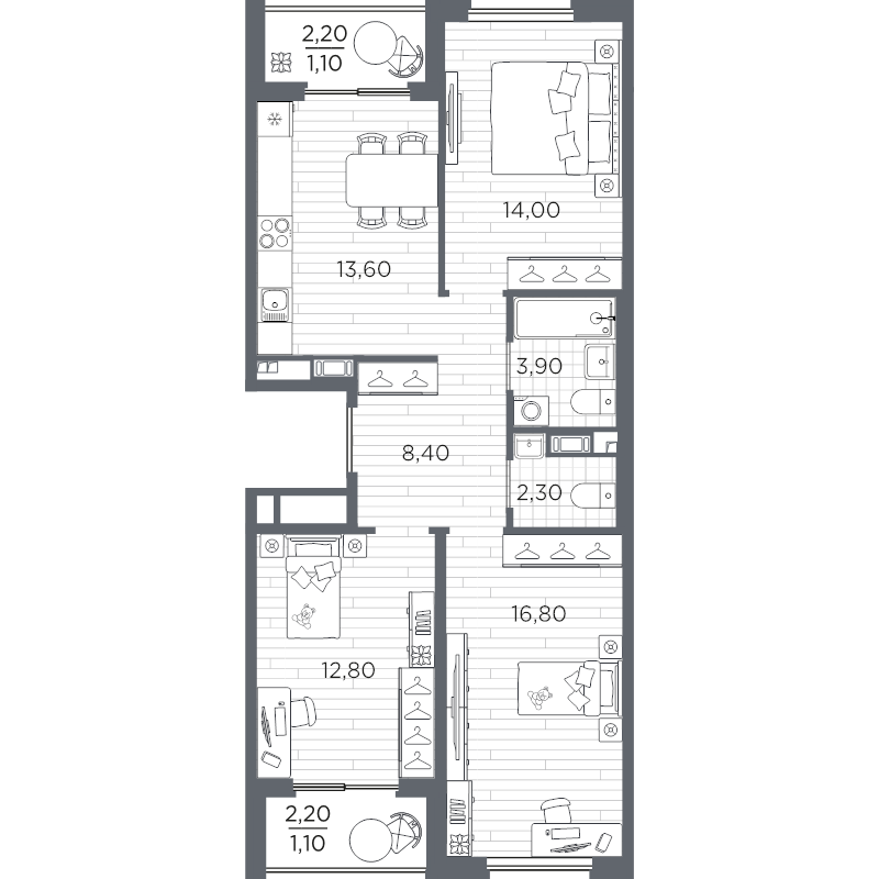 3-комнатная квартира, 74 м² в ЖК "PLUS Пулковский" - планировка, фото №1