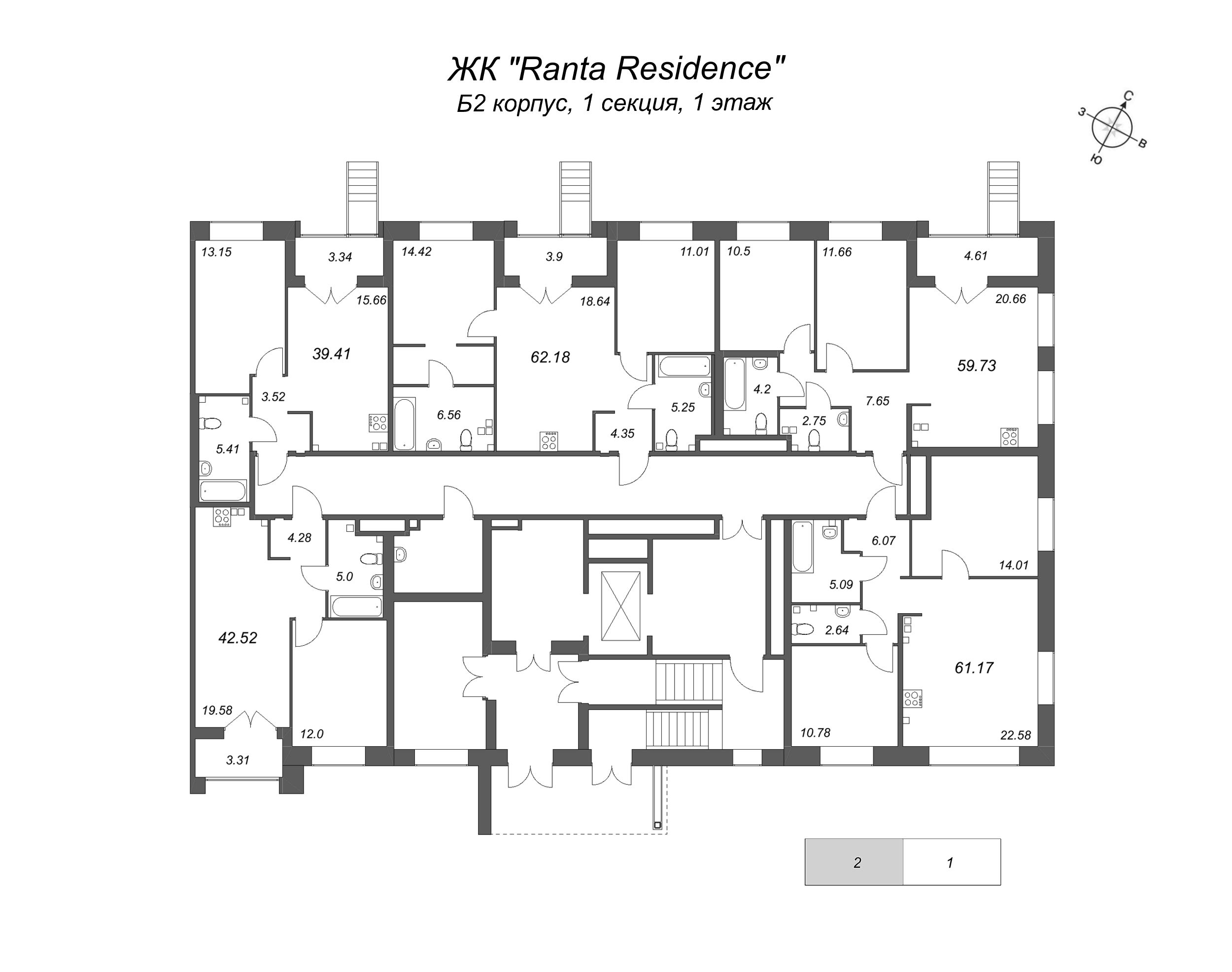 2-комнатная (Евро) квартира, 39.41 м² - планировка этажа