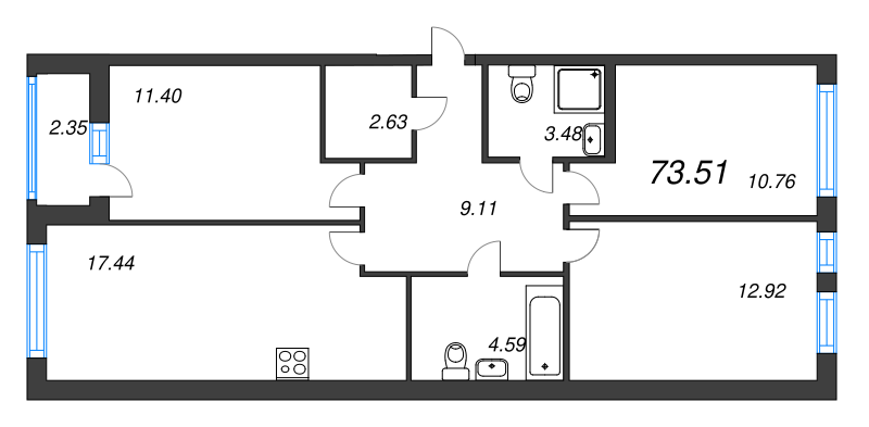 3-комнатная квартира, 73.51 м² - планировка, фото №1