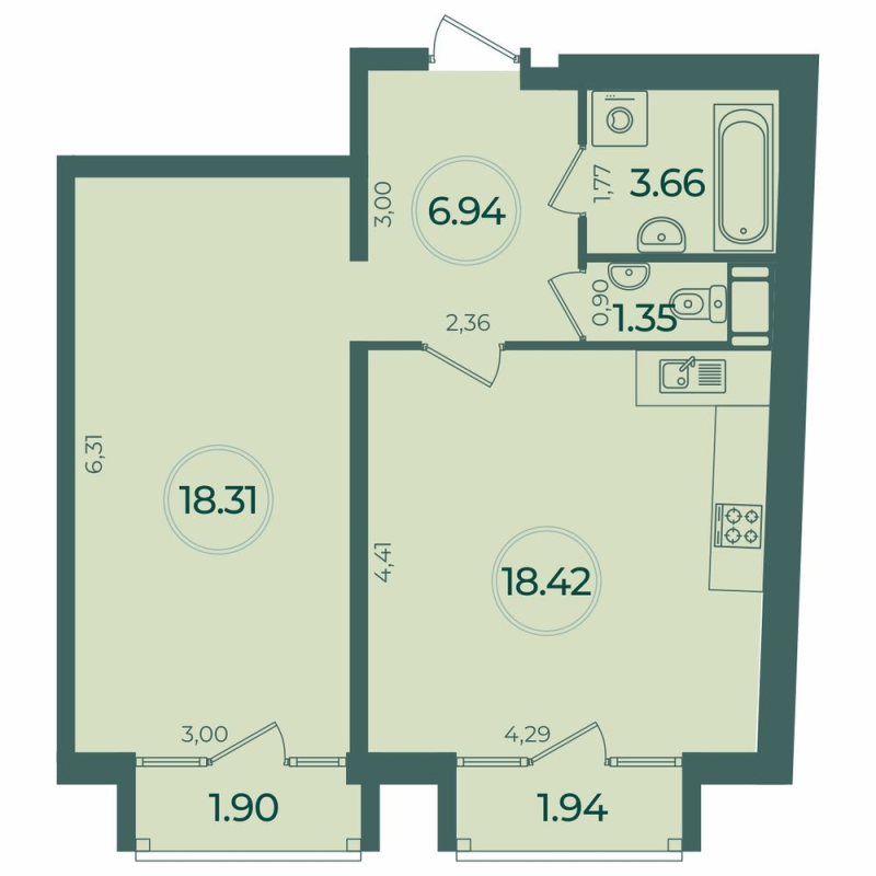 2-комнатная (Евро) квартира, 49.83 м² в ЖК "Дуалист" - планировка, фото №1