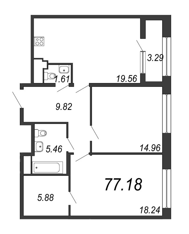 3-комнатная (Евро) квартира, 77.18 м² - планировка, фото №1