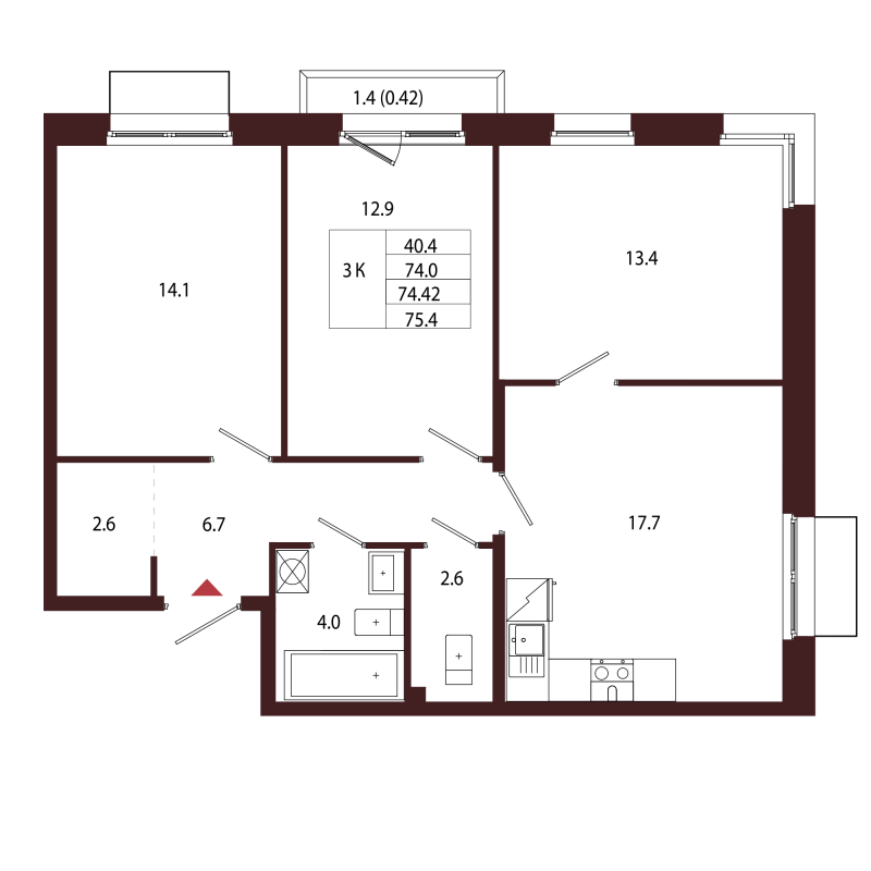 4-комнатная (Евро) квартира, 74.42 м² в ЖК "Лисино" - планировка, фото №1