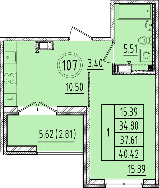 1-комнатная квартира, 34.8 м² в ЖК "Образцовый квартал 6.4" - планировка, фото №1