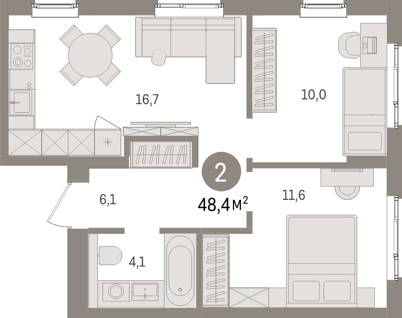 3-комнатная (Евро) квартира, 48.4 м² в ЖК "Брусника в Новоселье" - планировка, фото №1