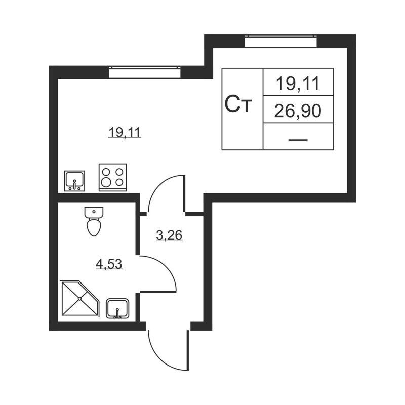 Квартира-студия, 26.9 м² в ЖК "Высота" - планировка, фото №1